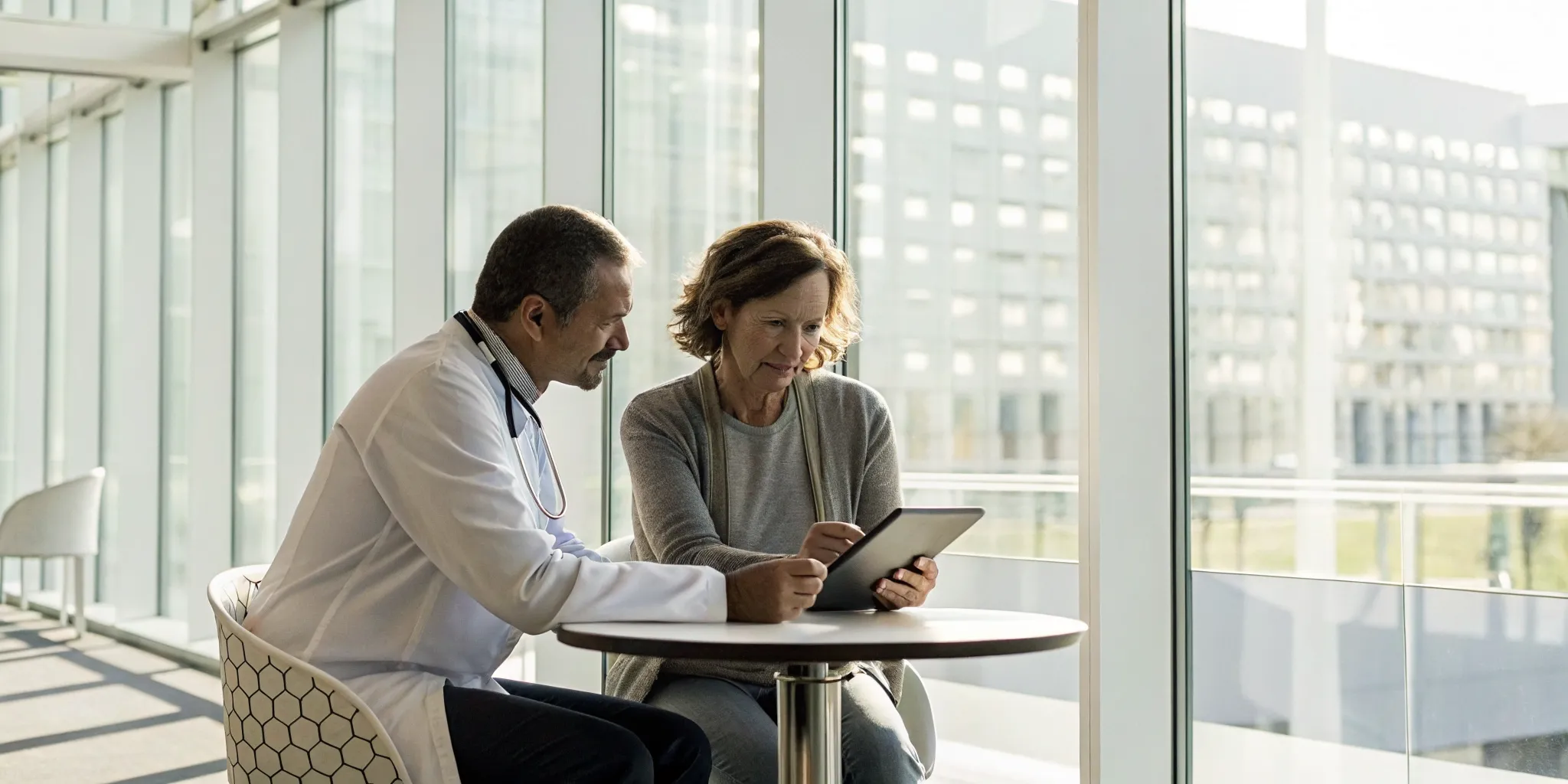 Doctor discussing patient navigation services with a woman after a new diagnosis.