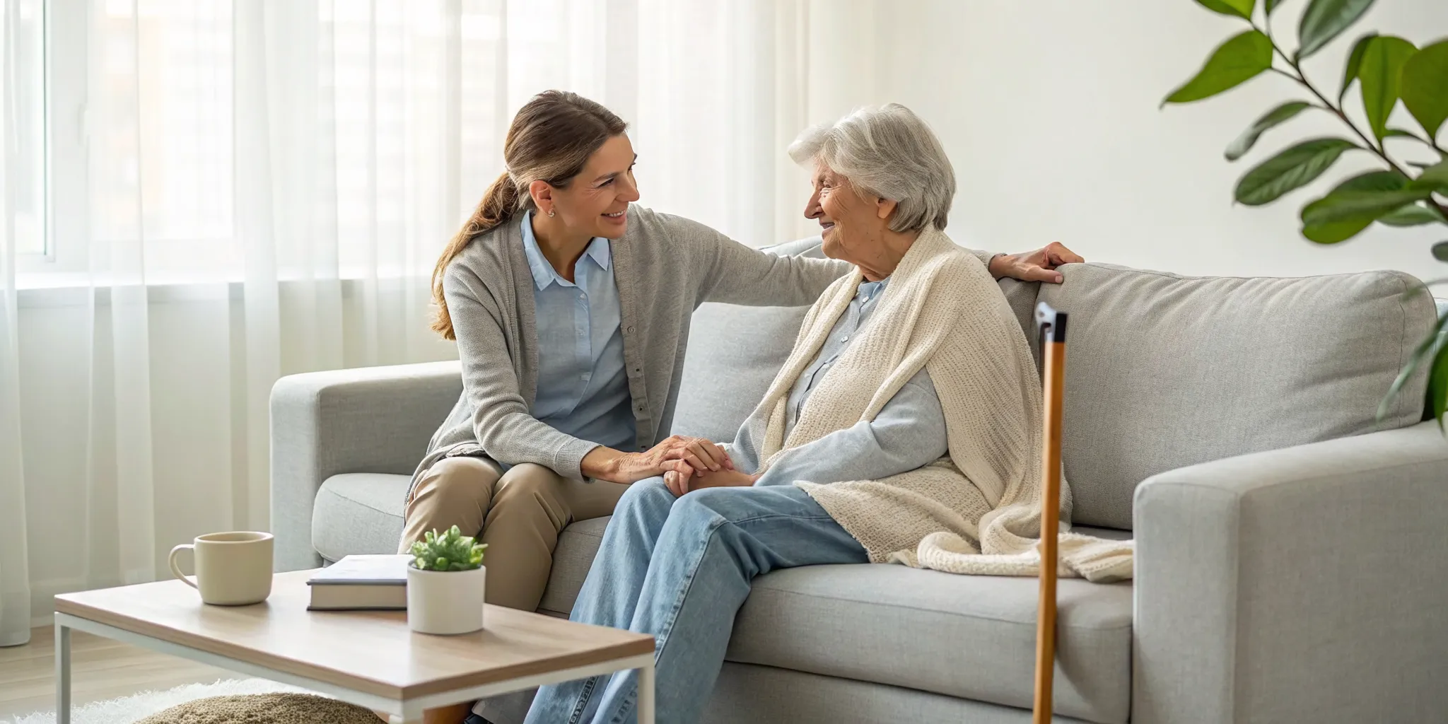 A supportive caregiver comforts their parent with a chronic illness at home.
