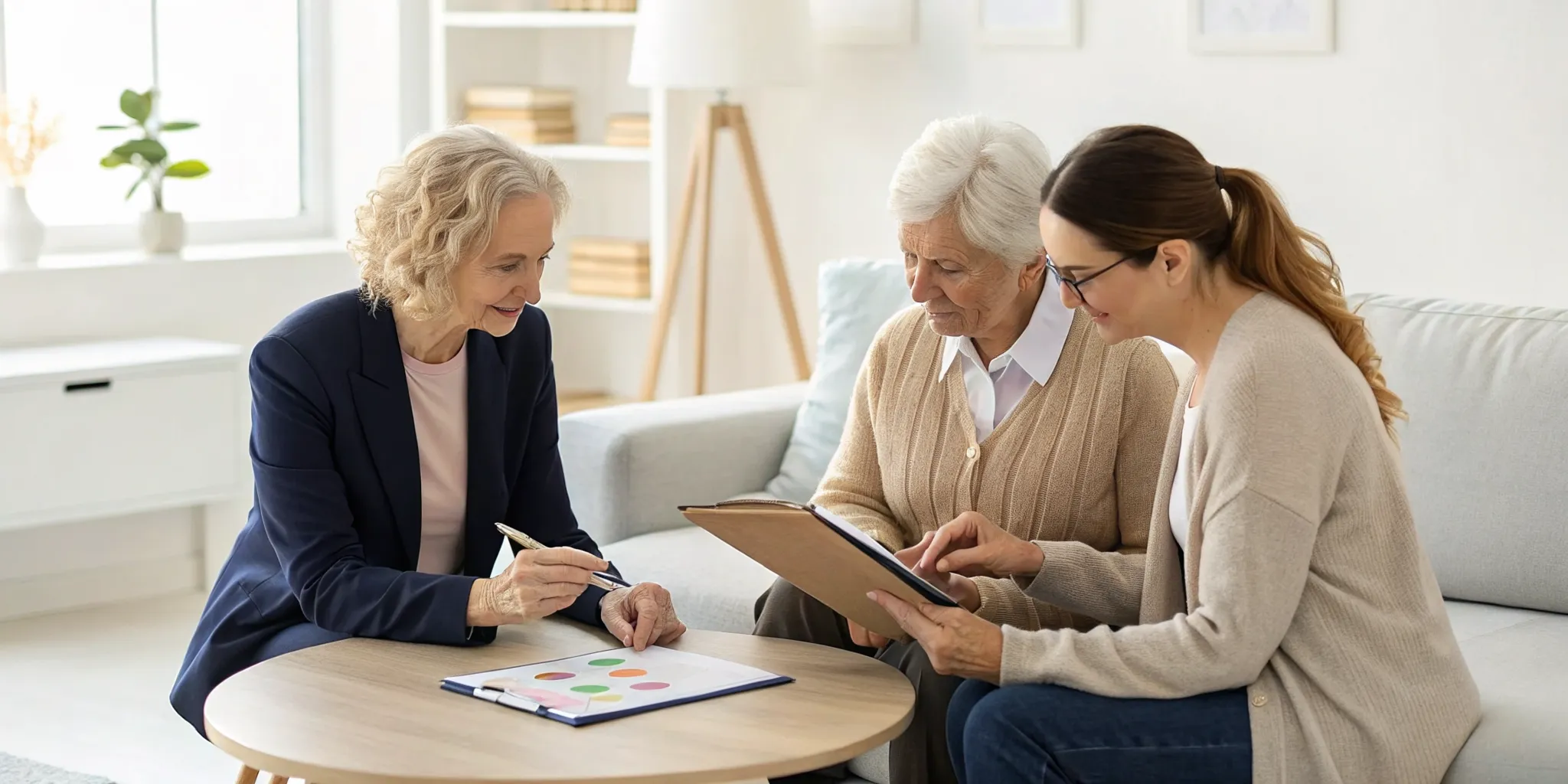 A geriatric care advocate explains a care plan to an older adult and her family.