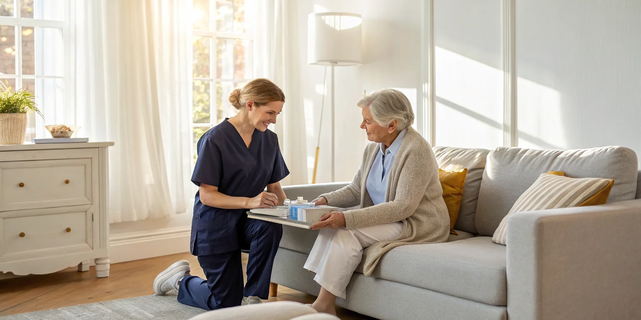 A caretaker providing support and assistance to an elderly woman in her home.