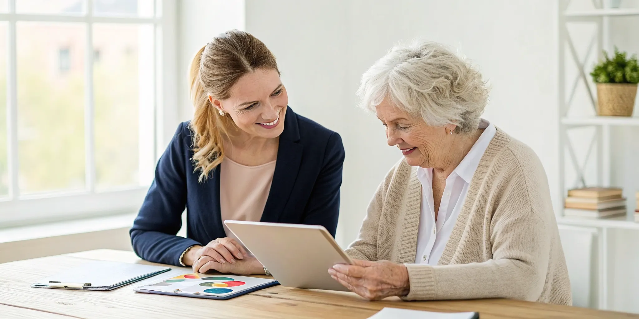 Carer helping an elderly woman review financial support options for her care.