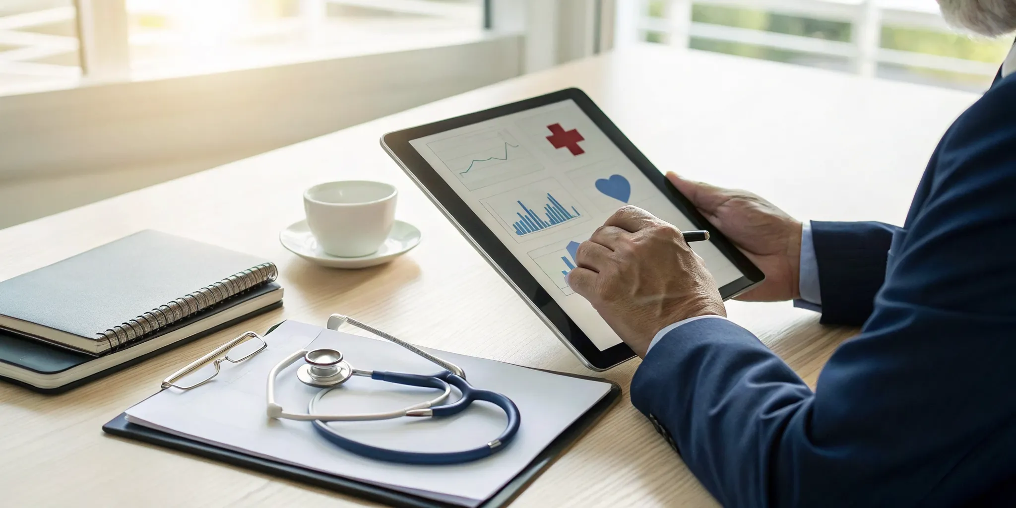A doctor uses a tablet to compare options on the official Medicare plan finder tool.