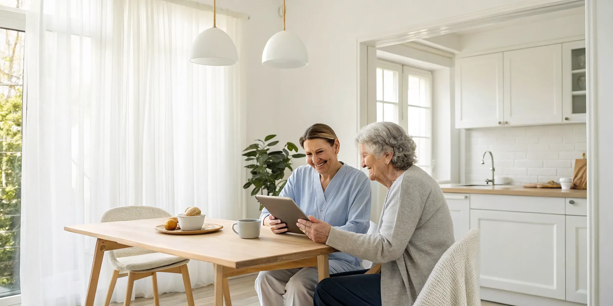 A supportive home caregiver helps an elderly woman use a tablet in her kitchen.