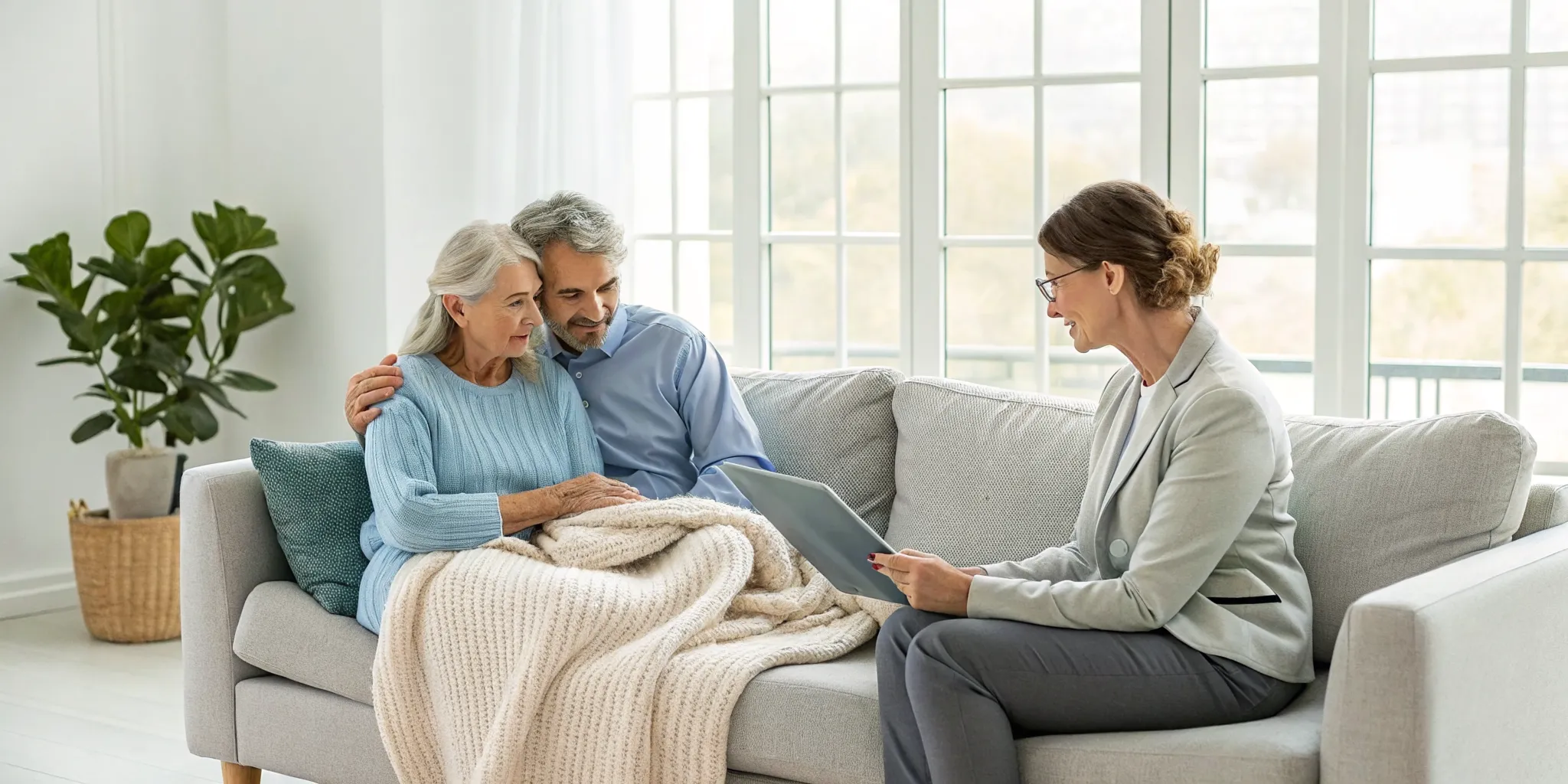 A professional caregiver provides in-home help for a senior couple.