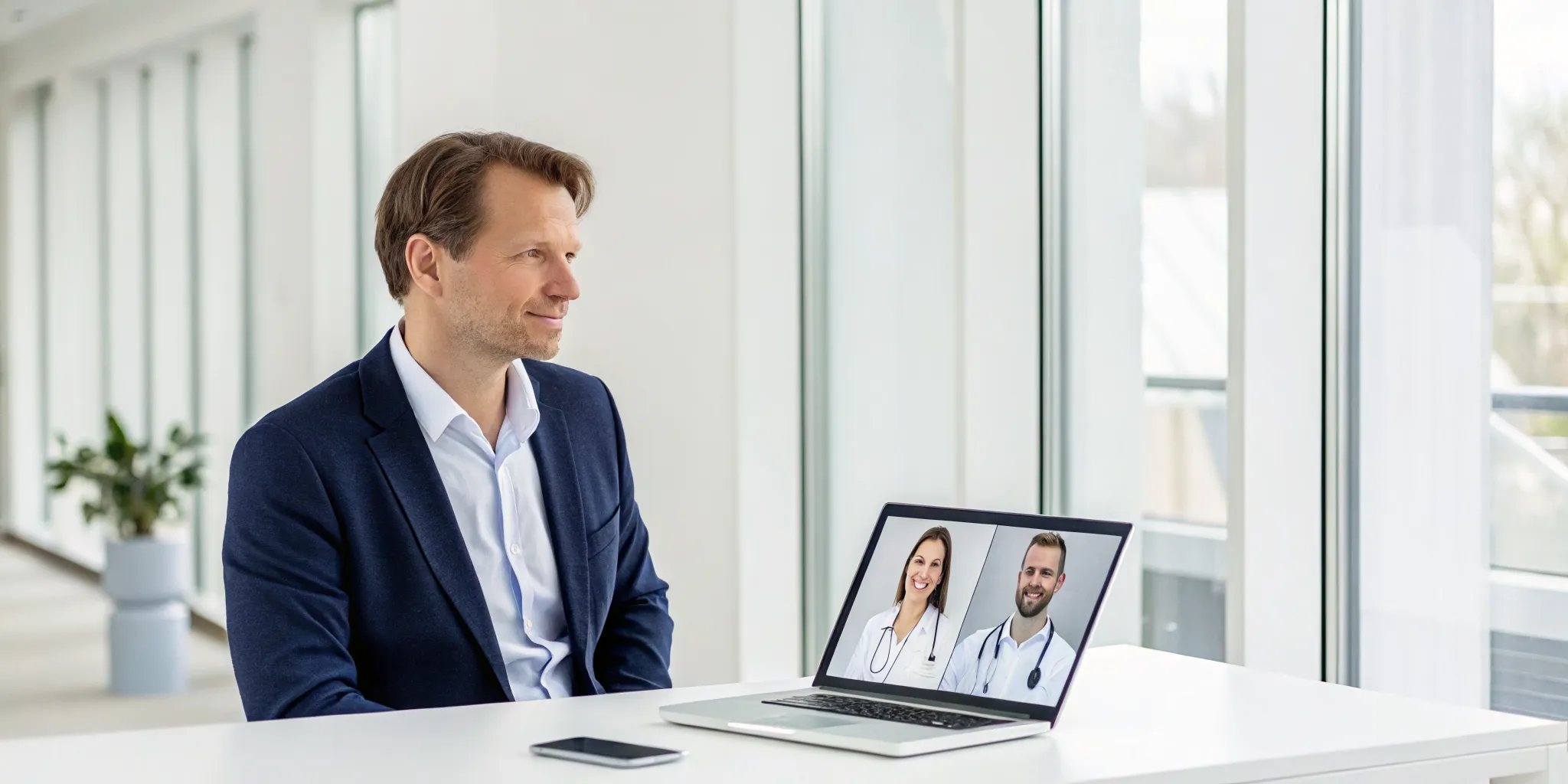 Man getting a second opinion from two doctors during a laptop video call without a referral.