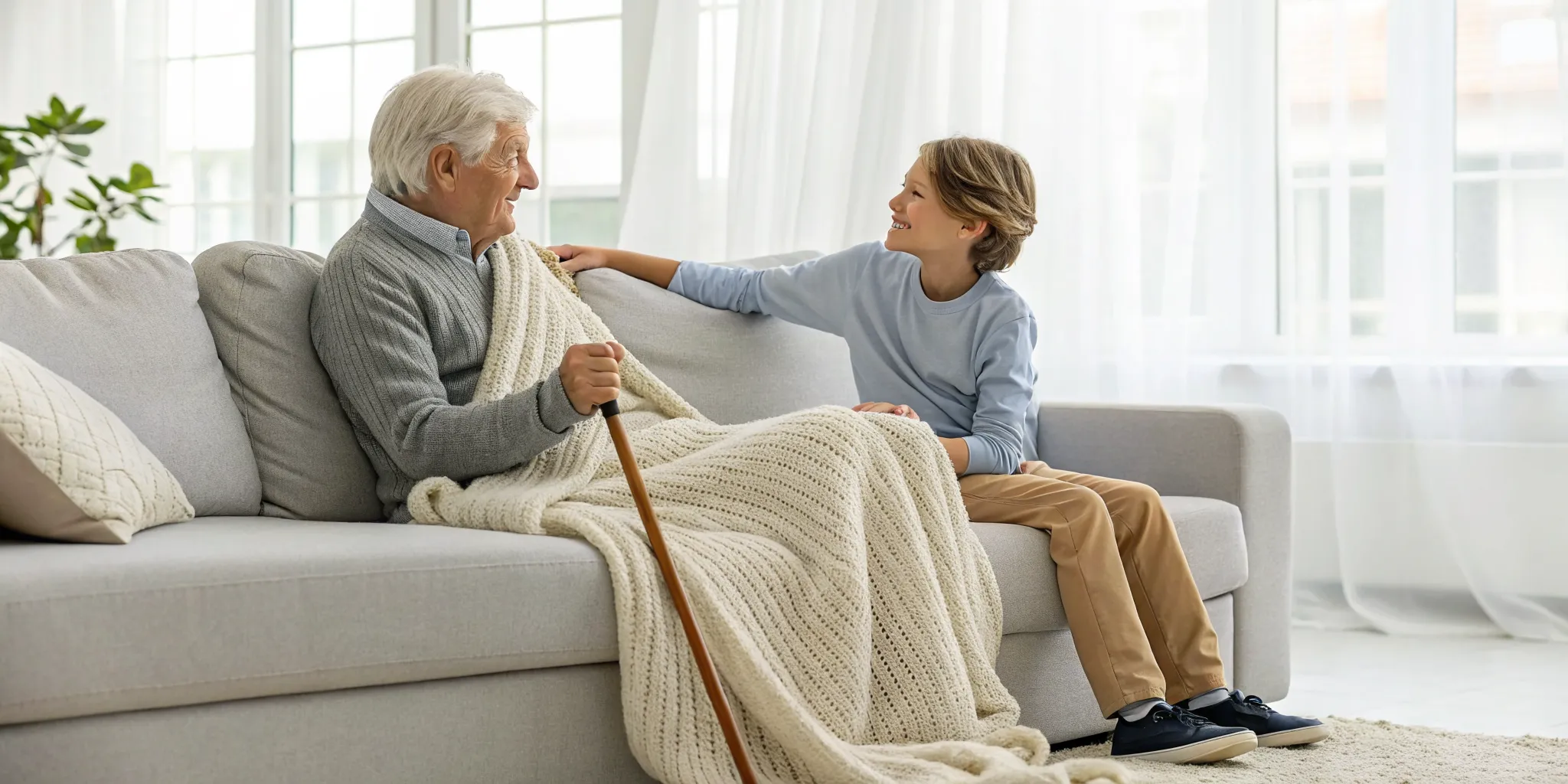 A grandchild offering support and caretaking for an elderly parent with a cane at home.