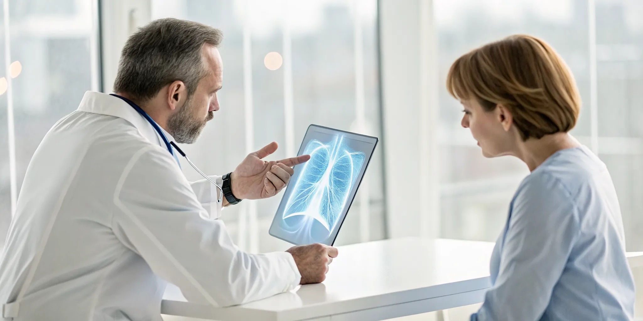 Doctor discussing a lung cancer diagnosis with a patient while reviewing a lung scan.
