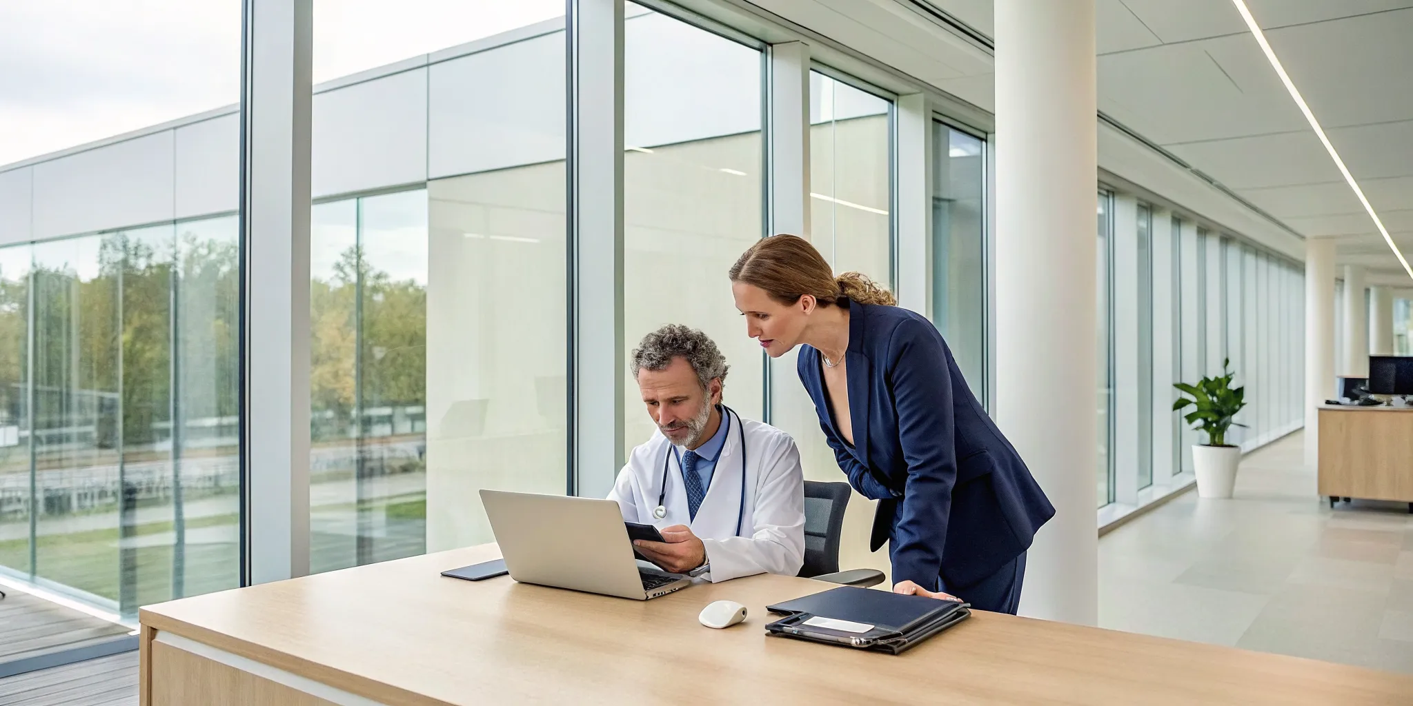 Patient care coordinator working with a doctor to manage a patient's care plan.