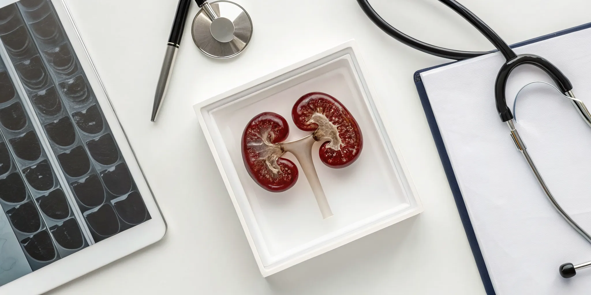 A kidney model, medical scan, and stethoscope used for diagnosing kidney cancer.