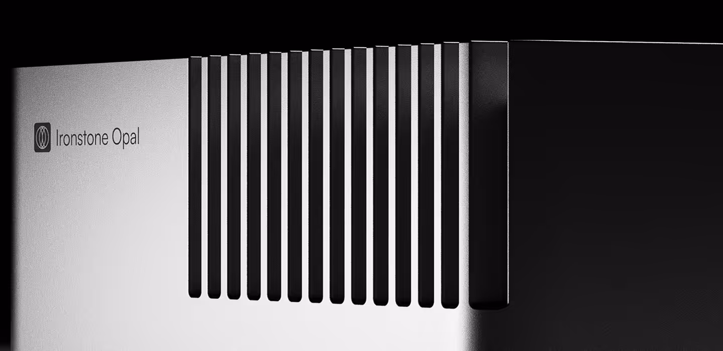 Close-up of a metallic uncrewed computer with vertical vents and the Ironstone Opal logo on the left side.
