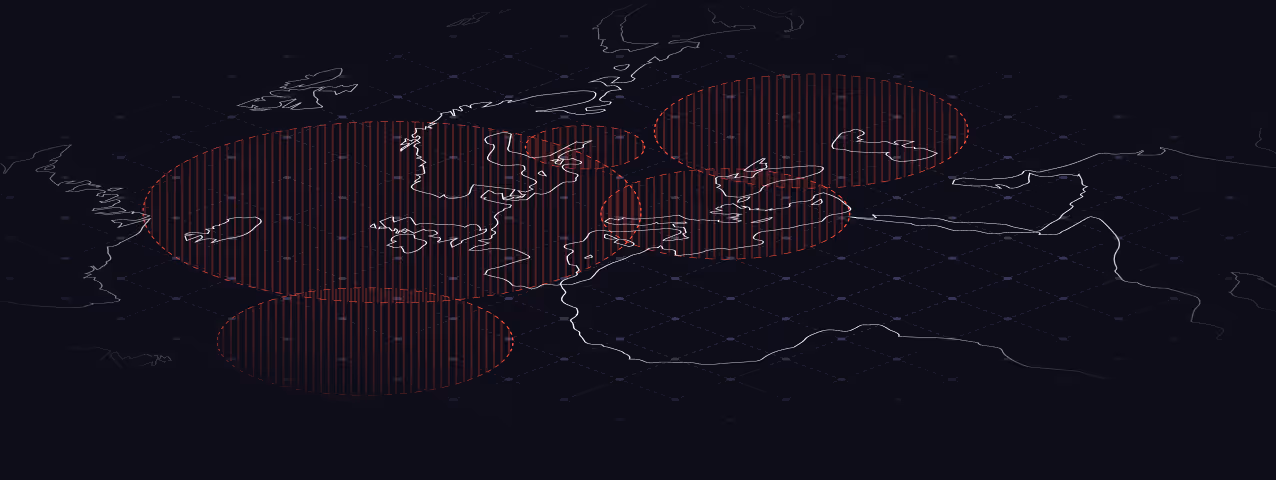 Dark digital map with outlined landmasses and five large red vertically striped circular overlays.