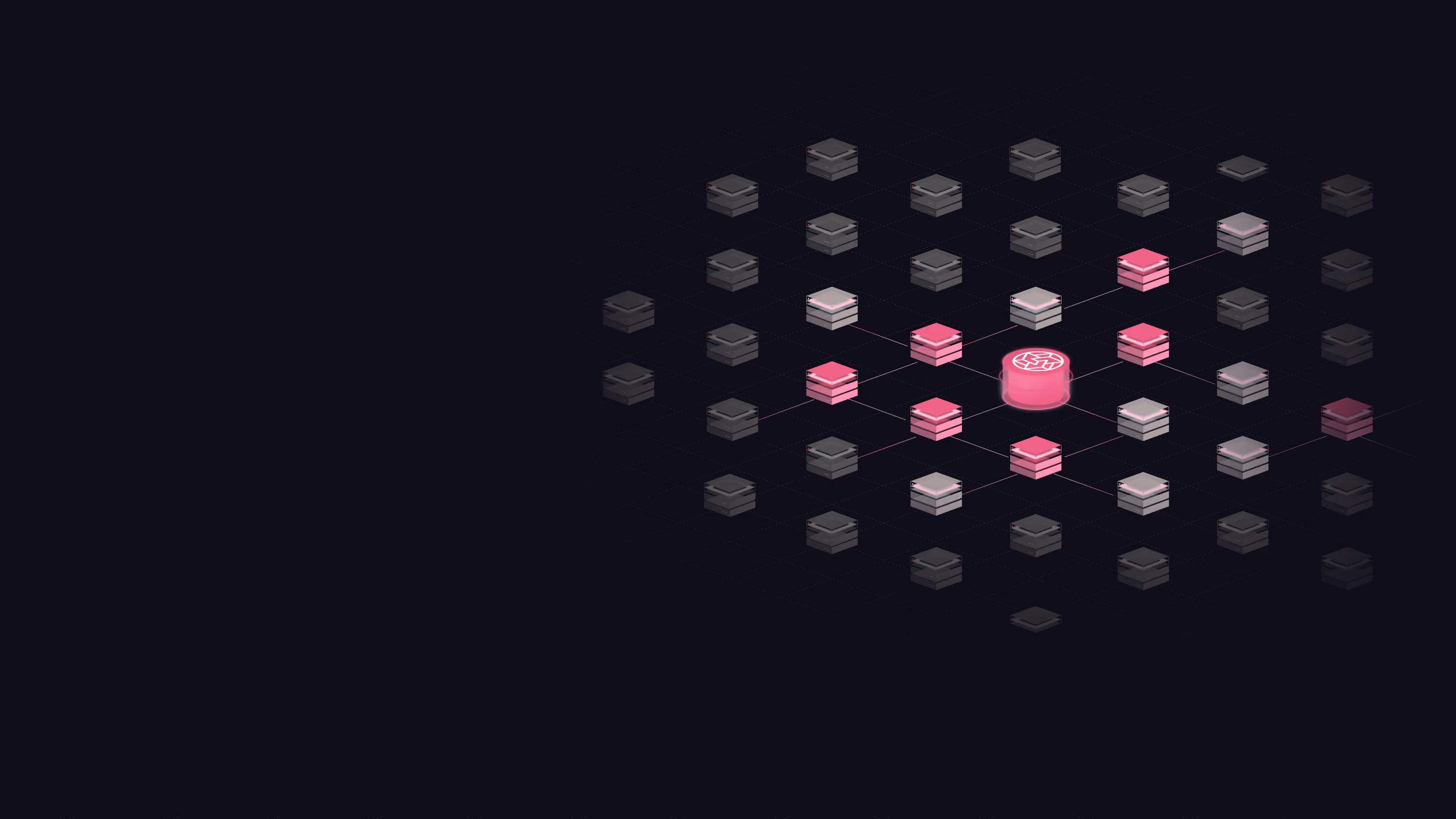 Dark grid with interconnected gray and pink 3D cubic nodes centered around a glowing pink node.
