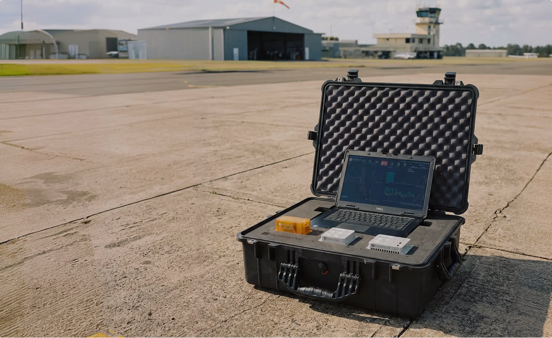 Portable black case with a laptop and Ironstone Opal devices on an airport runway tarmac.