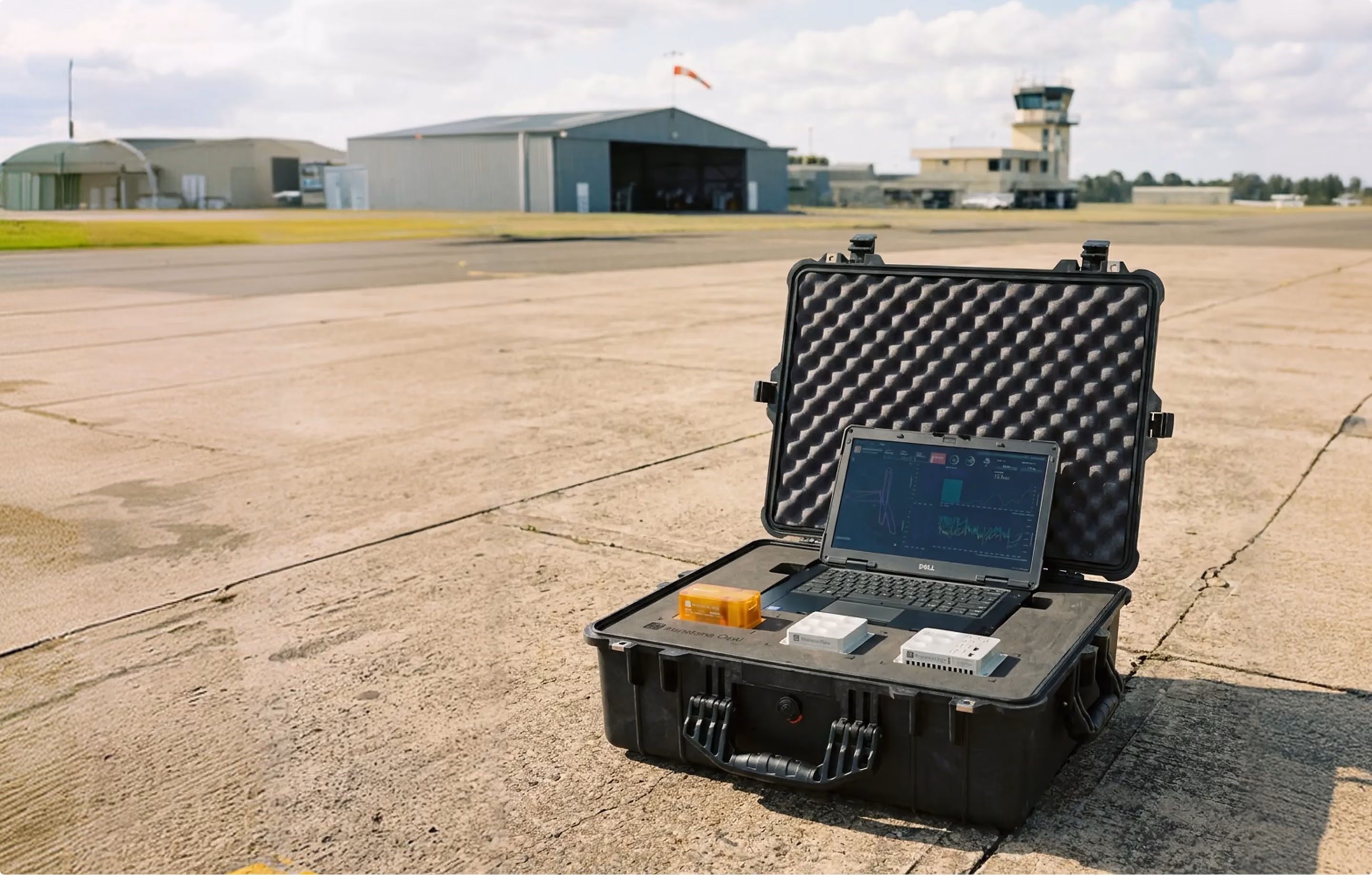 Ironstone Opal hardware with laptop on airport tarmac near hangars and control tower.