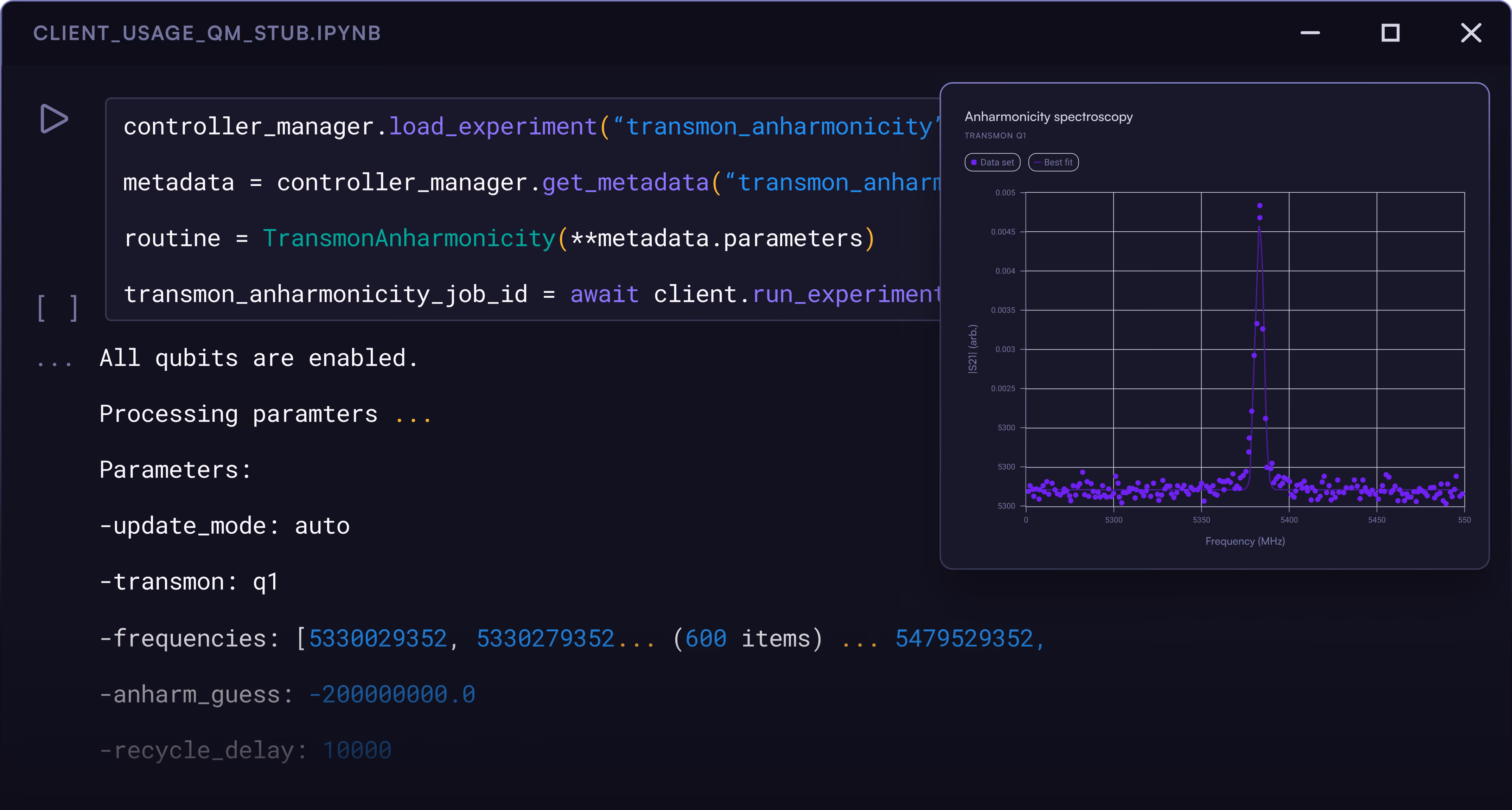 Code snippet running a transmon anharmonicity experiment with a spectrum plot showing frequency versus amplitude.
