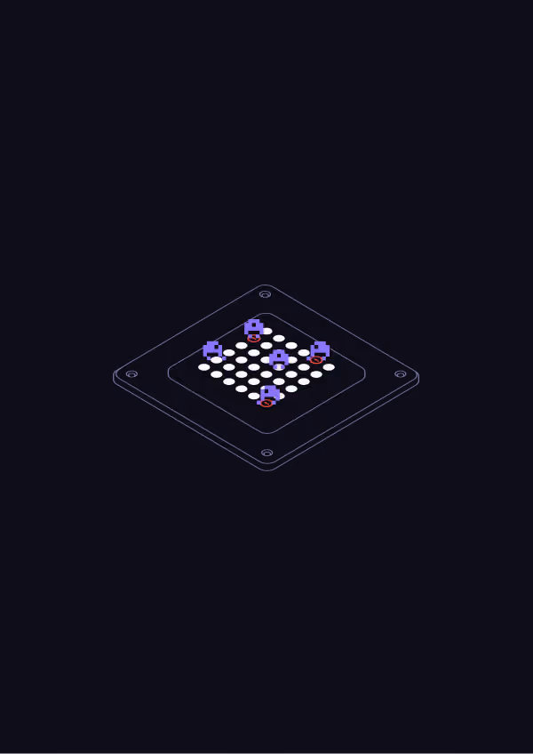 Isometric illustration of a dark rectangular chip or circuit board with a 6x6 grid of white circles and five purple gear icons positioned on some circles.
