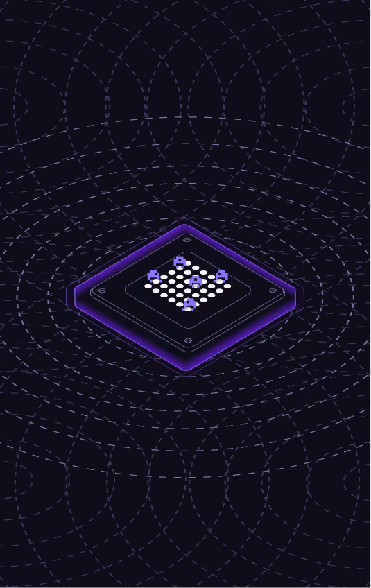 Isometric digital microchip or processor with white dots in the center and small purple houses spread across it, set against a dark background with concentric circular grid lines.