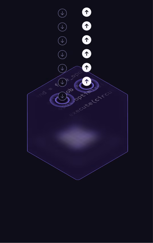 Dark purple 3D hexagonal prism with downward and upward white arrow icons appearing to hover above two circular ripple effects on the prism’s top surface, suggesting directional flow or data movement.