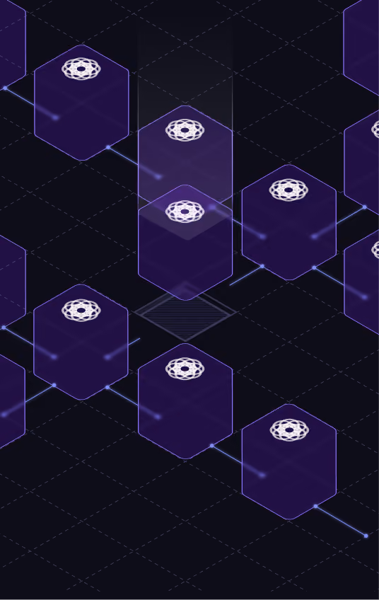 Digital network visualization with connected purple hexagonal blocks, each featuring a white circular emblem resembling a flower or gear, on a dark grid background.