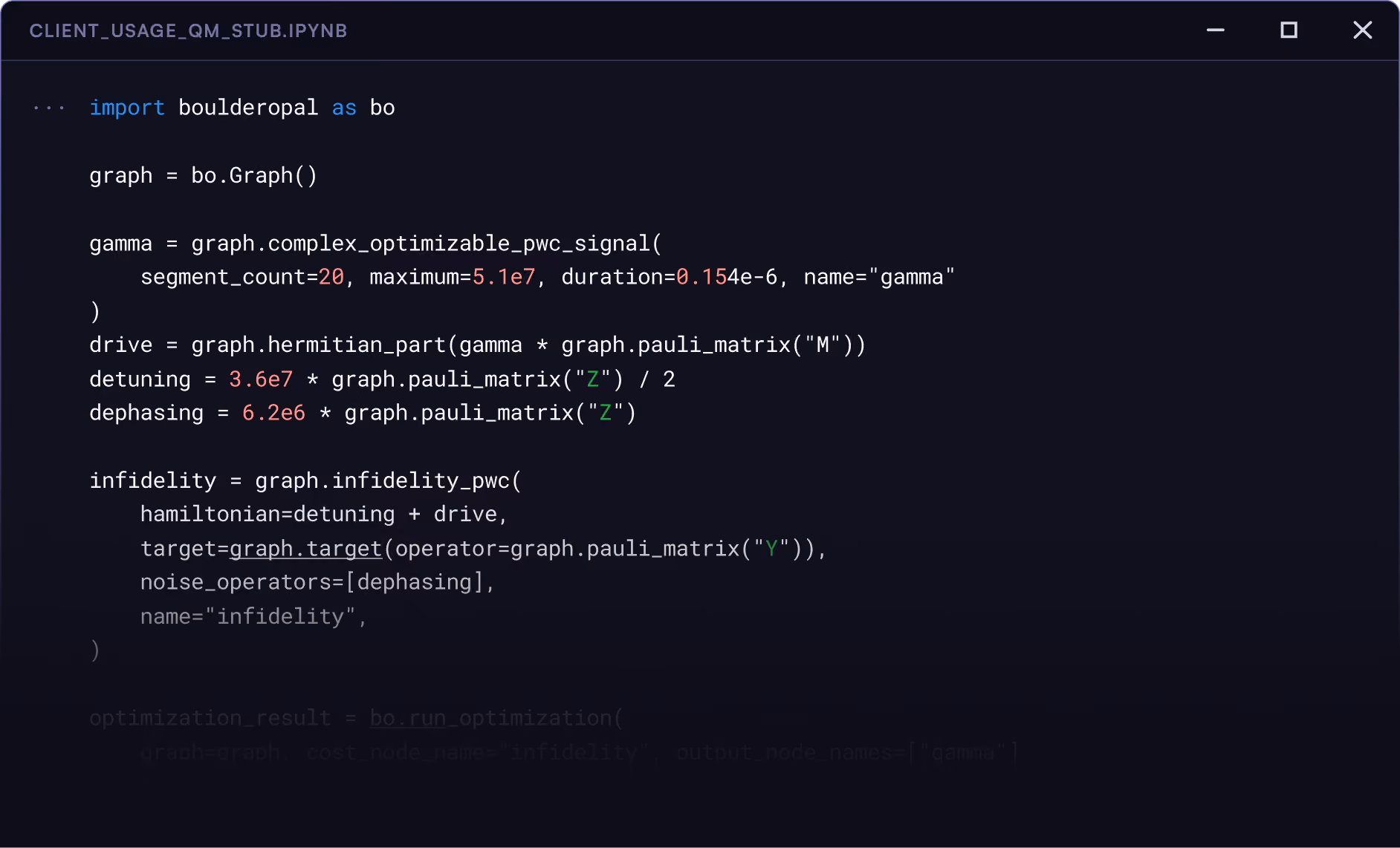 Screenshot of Python code using the boulderopal library to define a quantum control graph with parameters gamma, drive, detuning, dephasing, and infidelity calculation involving pauli_matrix operators M, Z, and Y.