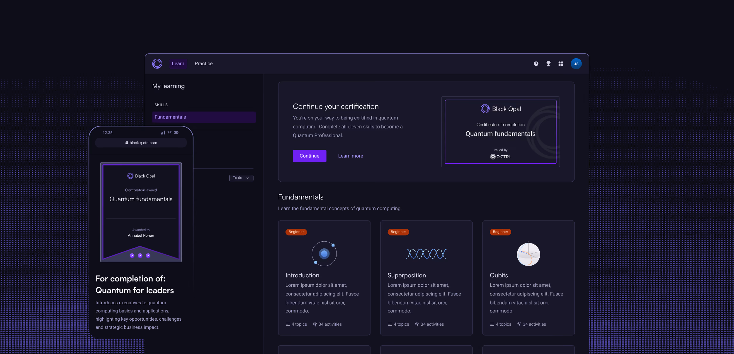 User interface of Black Opal showing a certification progress screen for Quantum fundamentals with sections for skills and fundamentals, including courses on Introduction, Superposition, and Qubits, featuring a dark theme with purple accents.