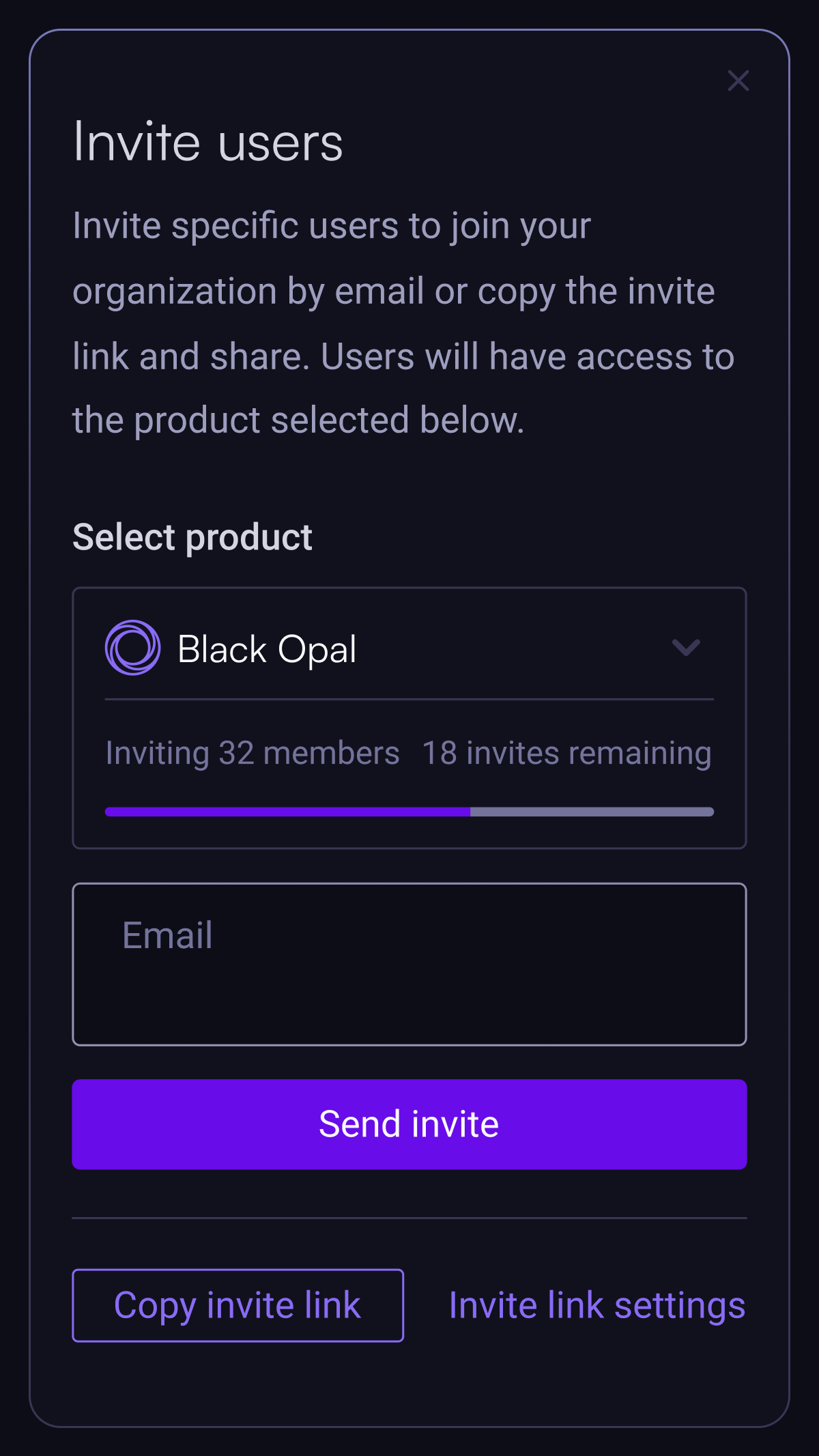 Invite users interface to add members via email or invite link for Black Opal product with limits displayed.