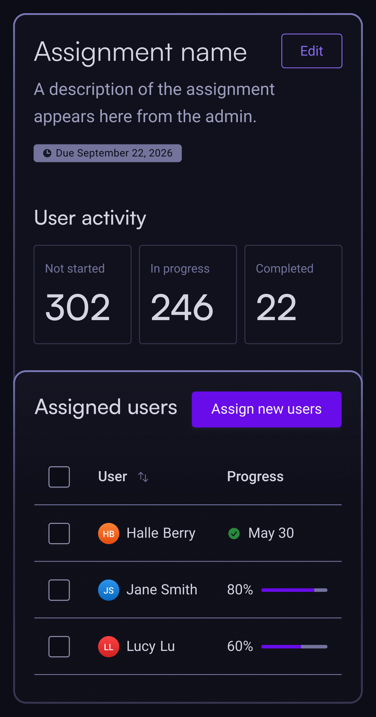 Black Opal screen showing assignment completion metrics