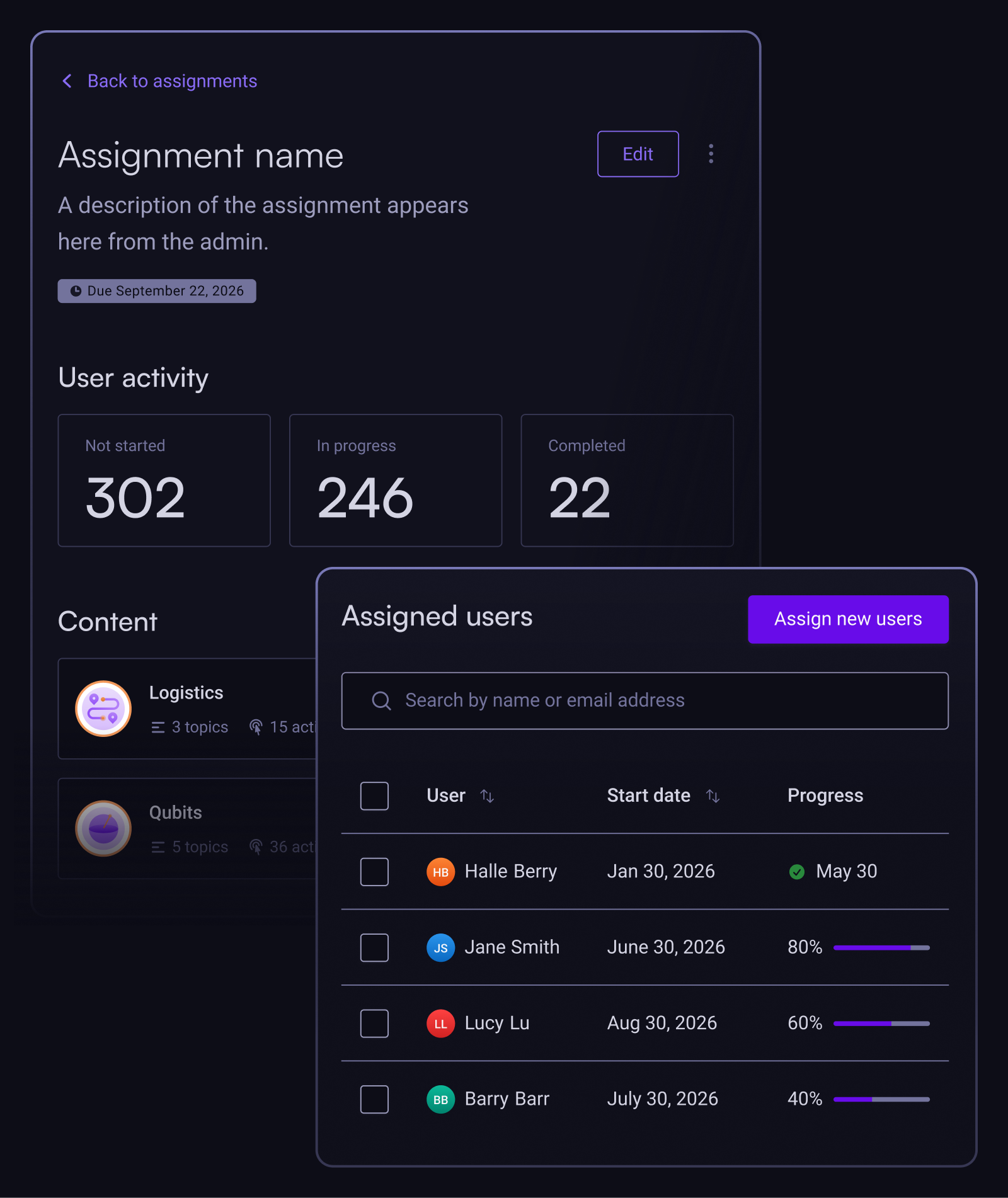 Black Opal screen showing assignment completion metrics
