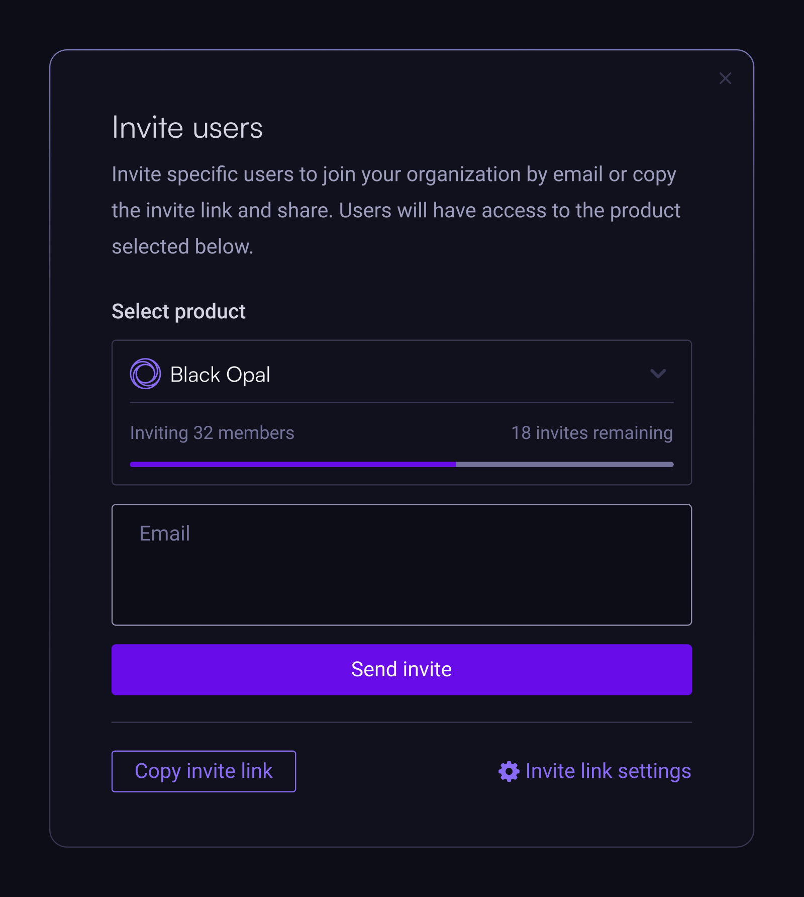 Invite users interface to add members via email or invite link for Black Opal product with limits displayed.
