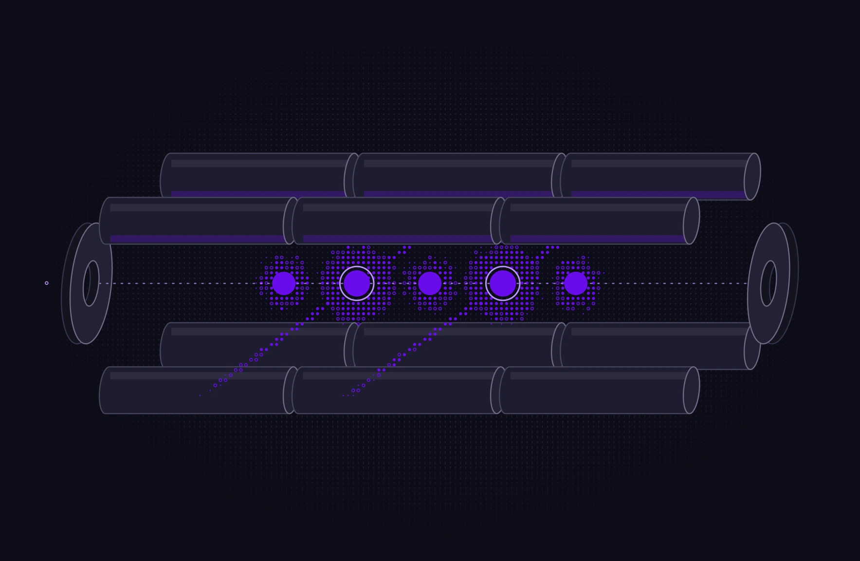 Illustration of trapped-ion qubits held in a linear Paul trap