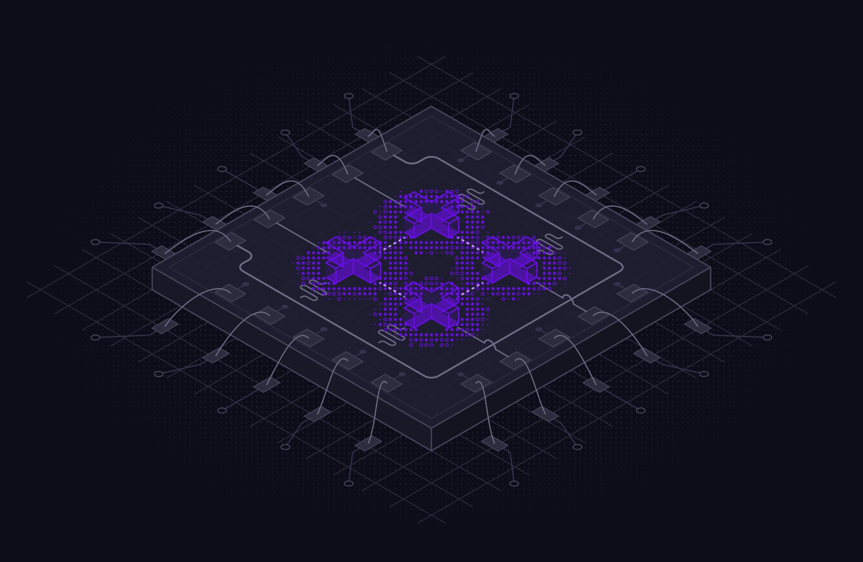 Illustration of a superconducting quantum chip with four transmon qubits