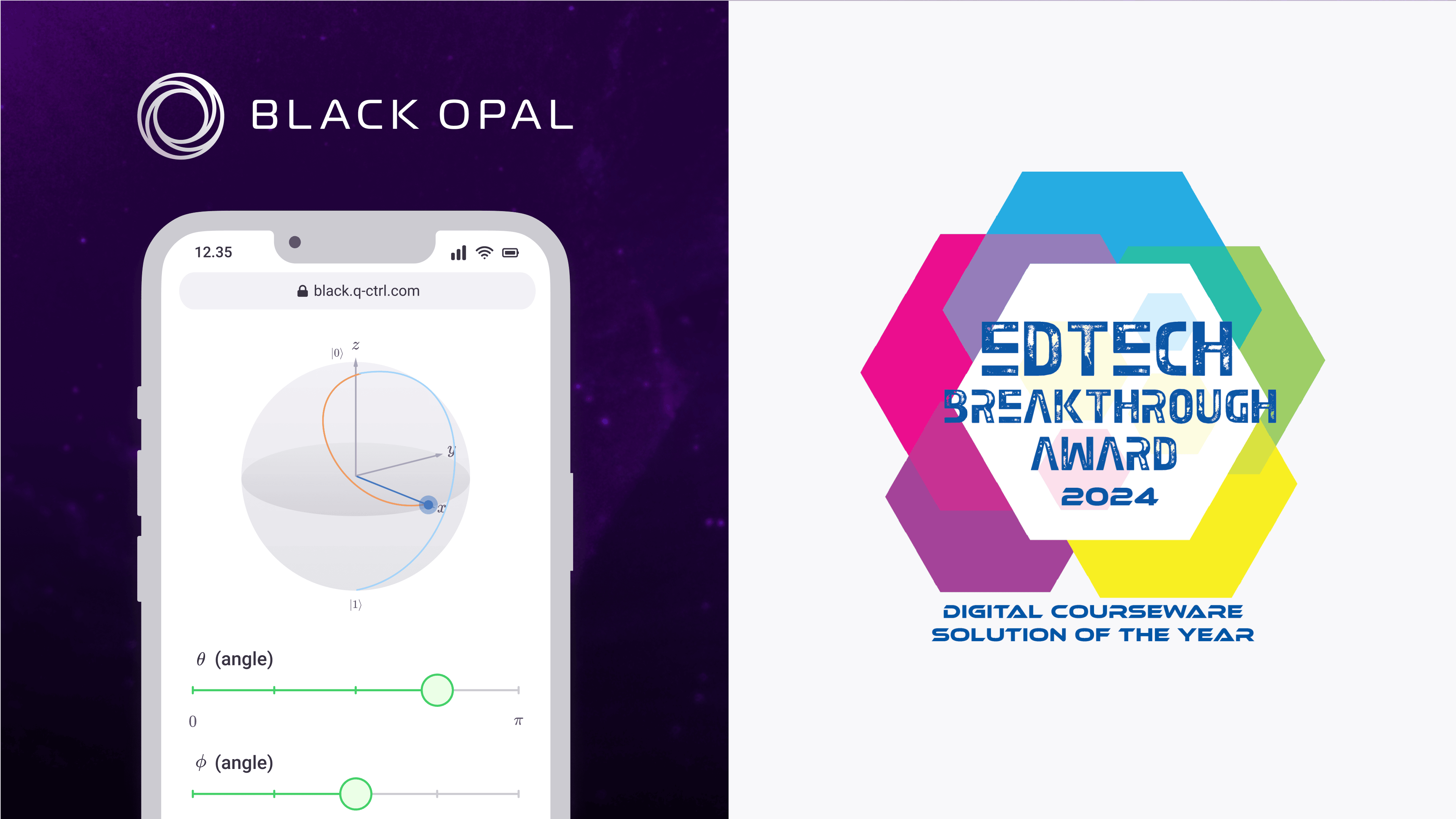 Black Opal logo and mobile quantum Bloch sphere diagram next to 2024 EdTech Breakthrough digital courseware award badge.