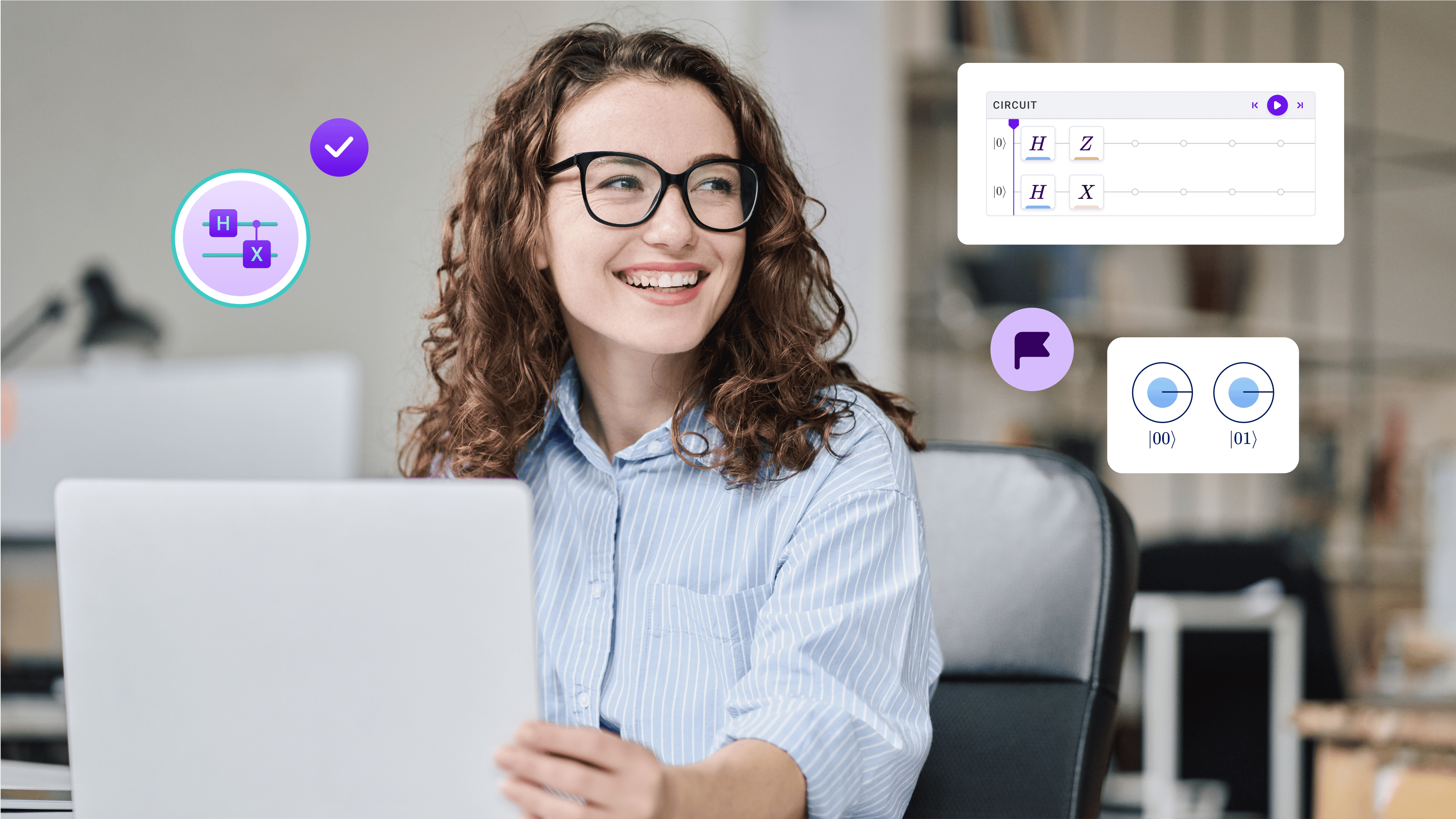 Smiling woman with glasses and curly hair working on a laptop, quantum circuit diagrams floating nearby.