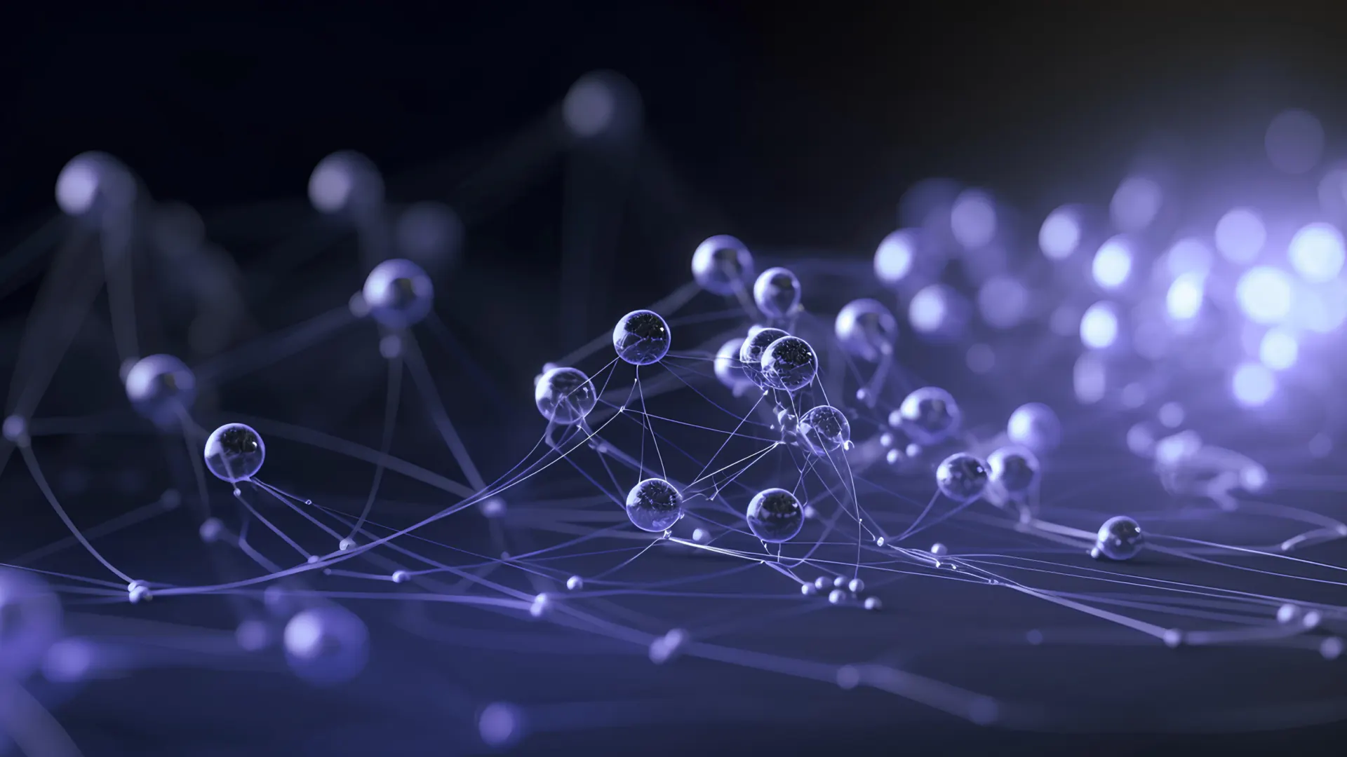 Abstract network of connected glowing spheres linked by thin light strands on a dark background.
