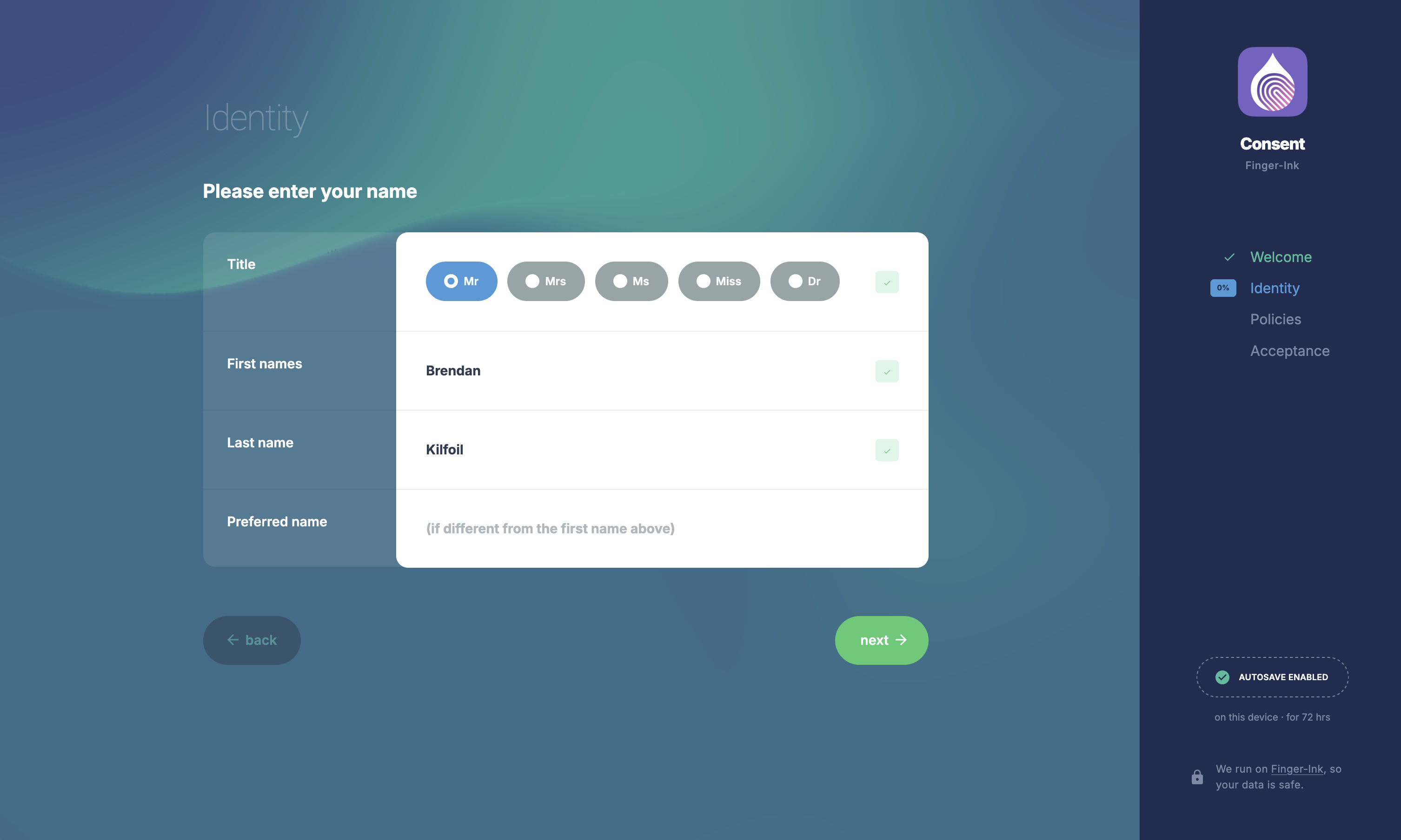 Screenshot of Finger-Ink form filling