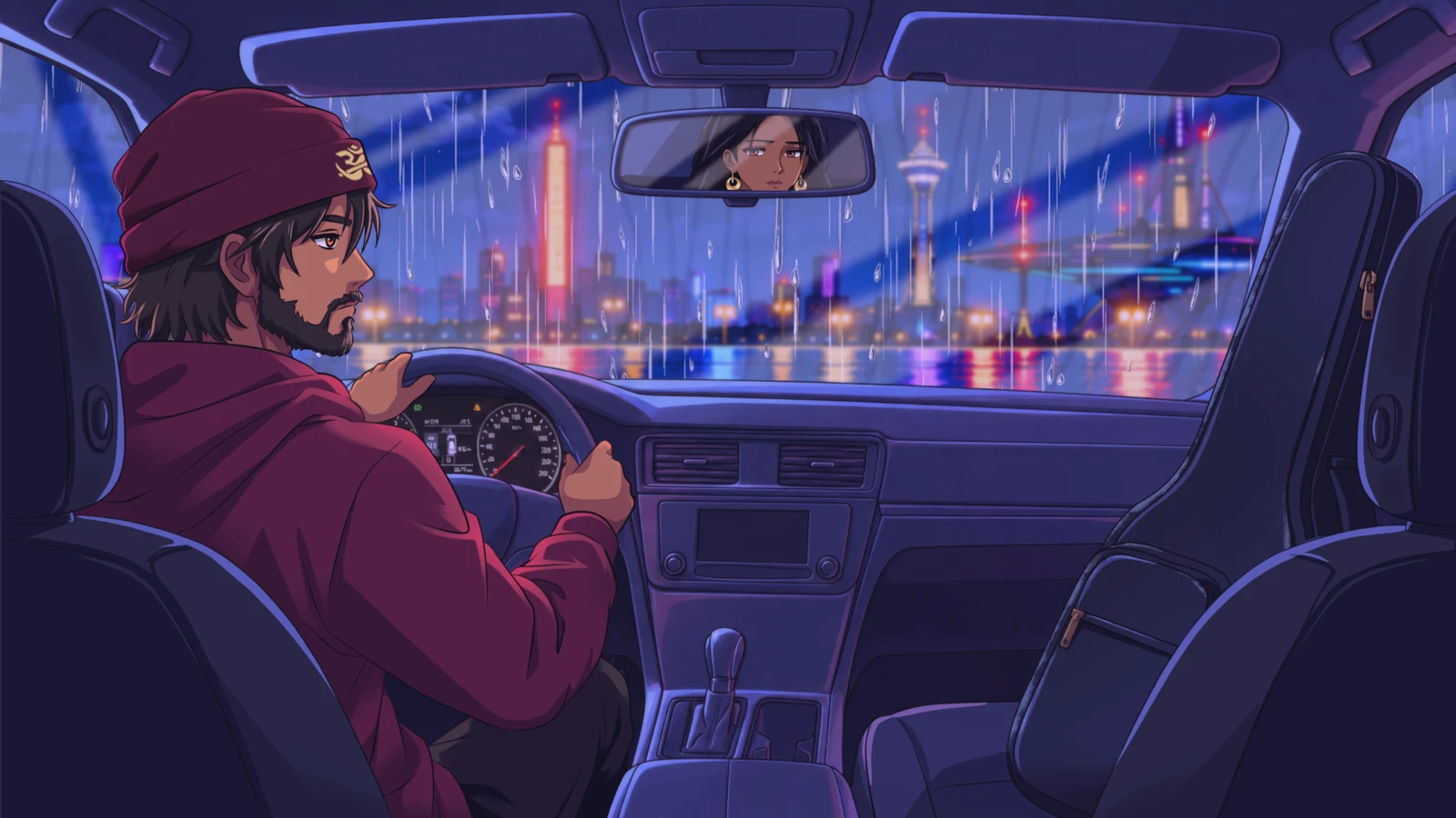 Ravi drives through rainy Neo-Saskatoon, with Priya reflected in the taxi’s rearview mirror.