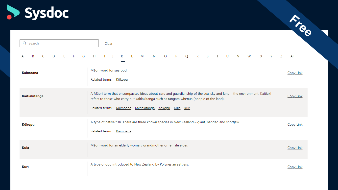Screenshot of Glossary