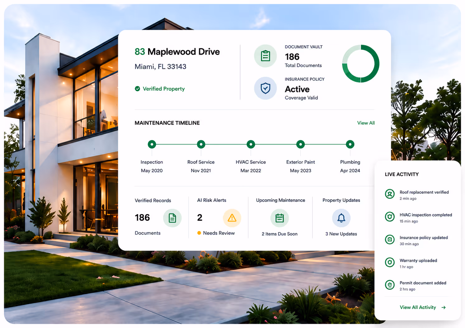 Dashboard showing property details, maintenance timeline, document status, alerts, upcoming tasks, and recent activity.