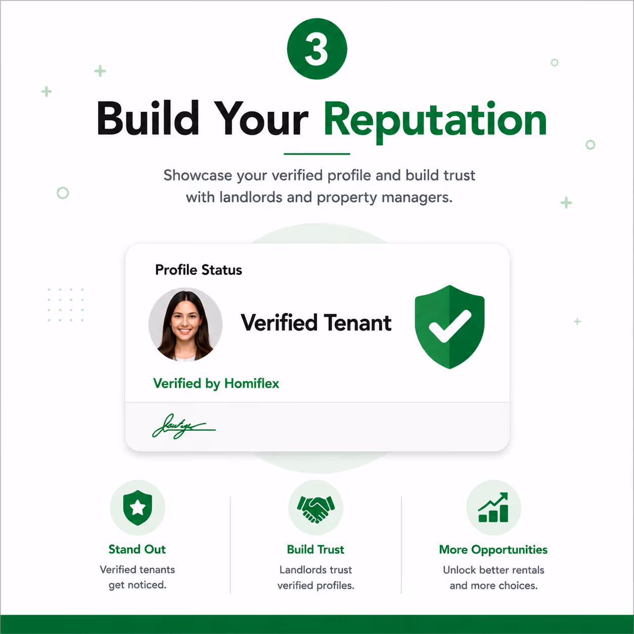 Verified tenant profile status card with photo and green shield, highlighting trust and rental opportunities.