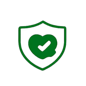 Green shield icon with heart and check mark in the center on black background.