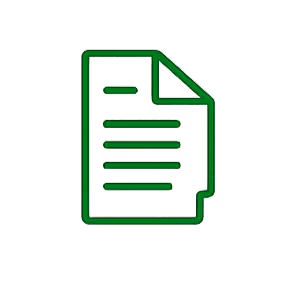 Green outlined icon of a document with lines representing text on a black background.