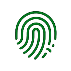 Green fingerprint icon on a black background representing biometric identification.