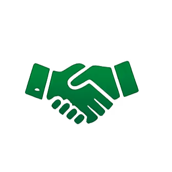 Green handshake icon symbolizing agreement or partnership on a black background.