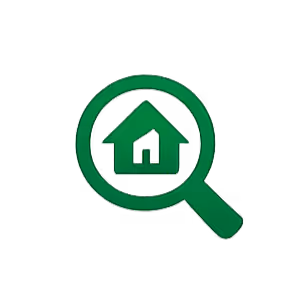 Green magnifying glass with a house icon inside on a black background.