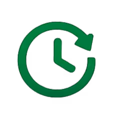 Green clock with a circular arrow around it, symbolizing history or refresh.