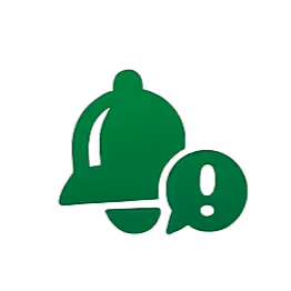 Green notification bell icon with an exclamation mark inside a circle.