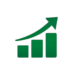 Green bar chart with three ascending bars and an upward arrow indicating growth.
