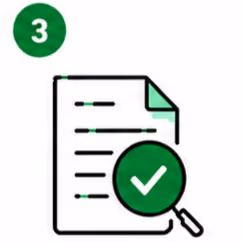 Document with lines and a magnifying glass showing a green check mark numbered 3.