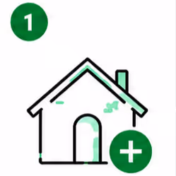 Simple house icon with number 1 in top left and green plus sign at bottom right.