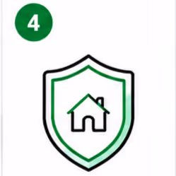 Shield outline with a house icon inside and a green circle with the number 4.